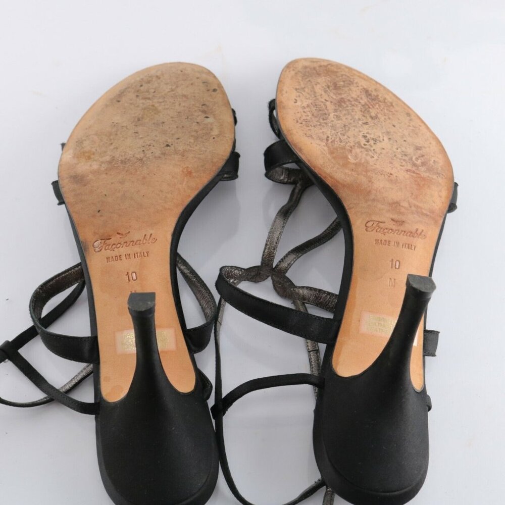 Faconnable Womens Sandal Size 10 Black Satin Strappy Caged High Heel Dress Shoe - Picture 11 of 12